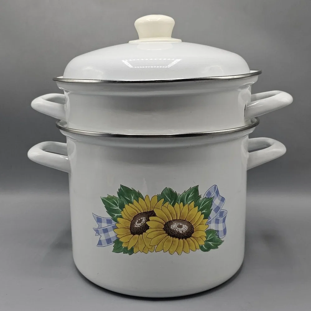 Vintage Emo Celje Sunflower Enameled Stock Pot Strainer 7 QT Grandmacore Cottage